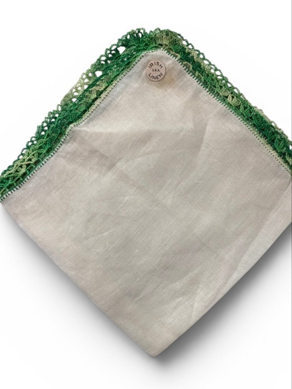 VINTAGE Linen Hankerchief Green Crocheted Edge Pocketsquare